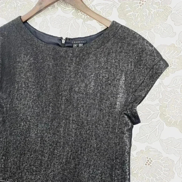 Excellent Theory Black Shimmer Mini Shift Dress Size 4 Scoop neck Cap Sleeve - Picture 3 of 9